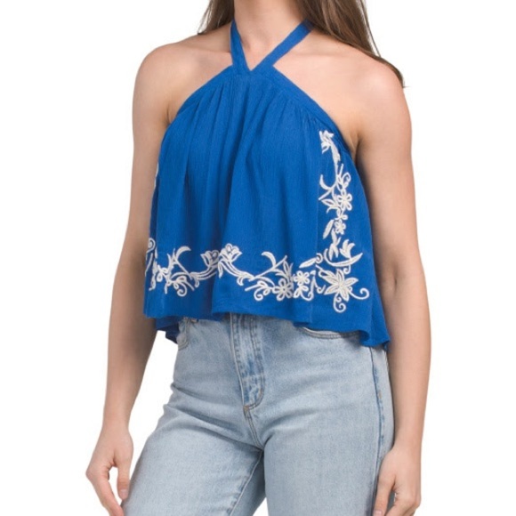 Band of Gypsies Tops - Blue Halter Top with White Embroidery